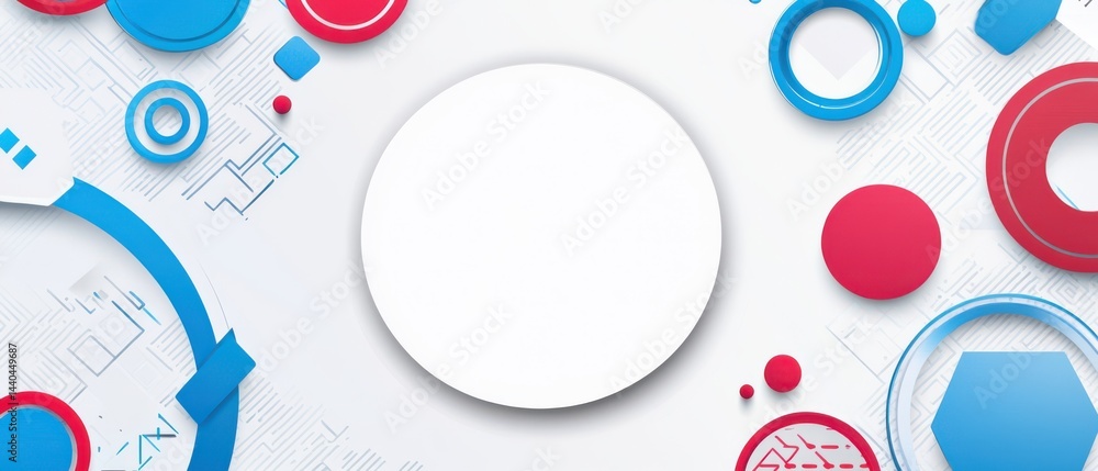 Poster modern abstract background with geometric shapes in red and blue, featuring a large white circle for