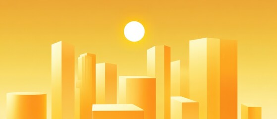 Fototapeta premium Golden Cityscape Illustration with Geometric Buildings and Sun, Depicting Urban Landscape and Warm Atmosphere in Abstract Style