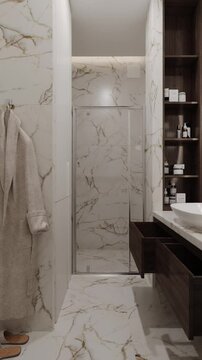 Shower room with light marble tiles. Round mirror with backlight. Sink with tap. A wooden cabinet under the sink. 3D video. by CGI studia VizPair