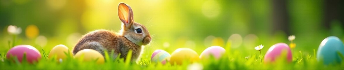Fototapeta premium Cute bunny surrounded by colorful easter eggs in lush spring meadow, meadow, spring, holiday