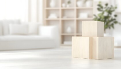Three light wood blocks stacked on a white surface in a minimalist, bright living room