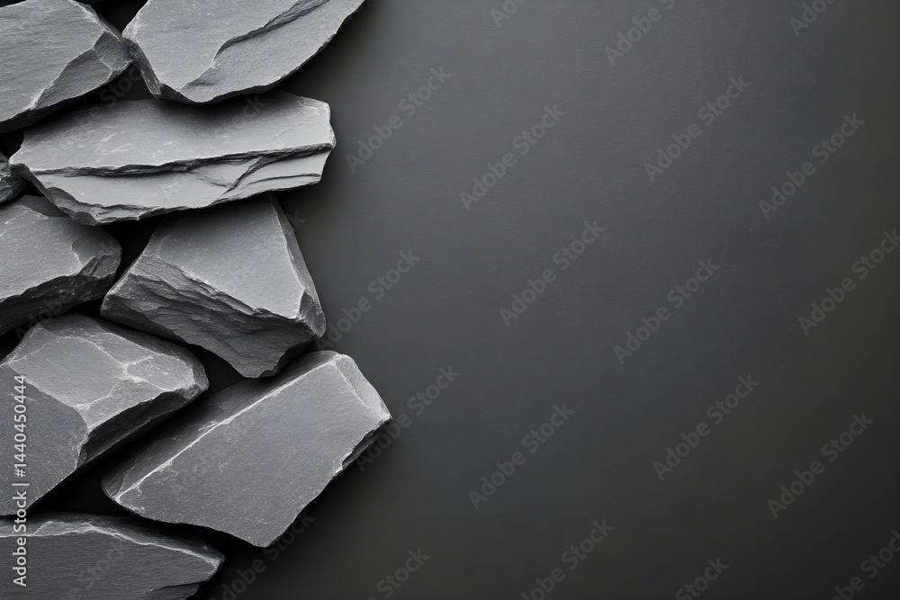 Poster raw slate pieces on dark background with copy space. natural stone material for construction and min