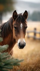 Naklejka premium Close-up of a brown horse looking through foliage in a golden field during a misty morning
