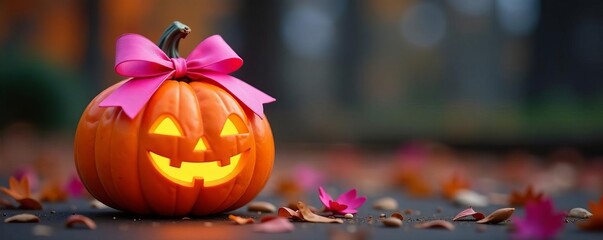 Cute Halloween pumpkin with pink bows for festive celebration, ribbon, background, pink