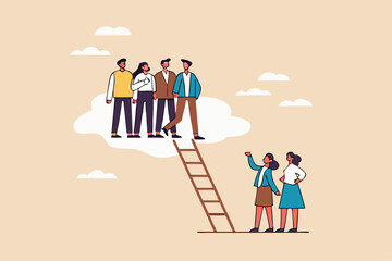 AGender gap, male domination in company executive board, unequal or unfair, inequality in management position, businessmen climb up ladder up the cloud with no space left for woman female colleagues.