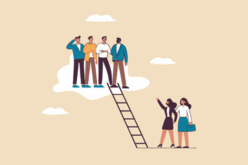 AGender gap, male domination in company executive board, unequal or unfair, inequality in management position, businessmen climb up ladder up the cloud with no space left for woman female colleagues.