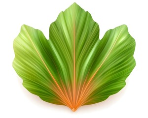Vibrant green and orange tropical leaf with prominent veins, isolated on white