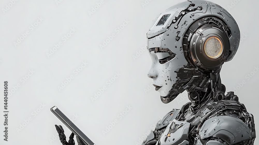 Poster futuristic robot using smartphone