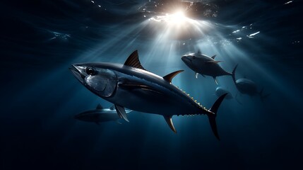 Obraz premium Underwater photography of yellowfin tuna schools in ocean sunlight deep sea marine life scene