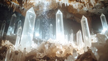 Ancient crystal cave filled with translucent spires reaching skyward, dust particles glittering midair, endless labyrinth of glowing tunnels,