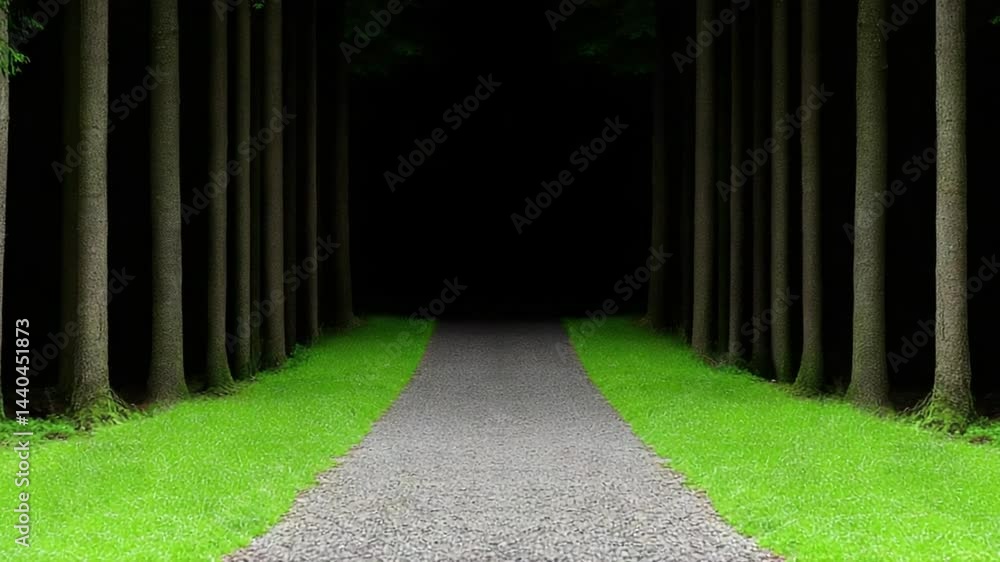 Poster serene pathway through lush green forest surrounded by tall trees creating a mystical atmosphere of 