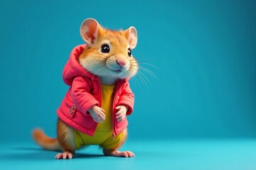 Cute rodent donning bright outfits performing on blue surface, fashion, performance, lively