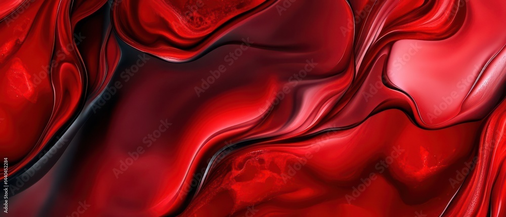 Poster abstract red fluid art with dynamic swirls and glossy textures, creating a luxurious and elegant bac
