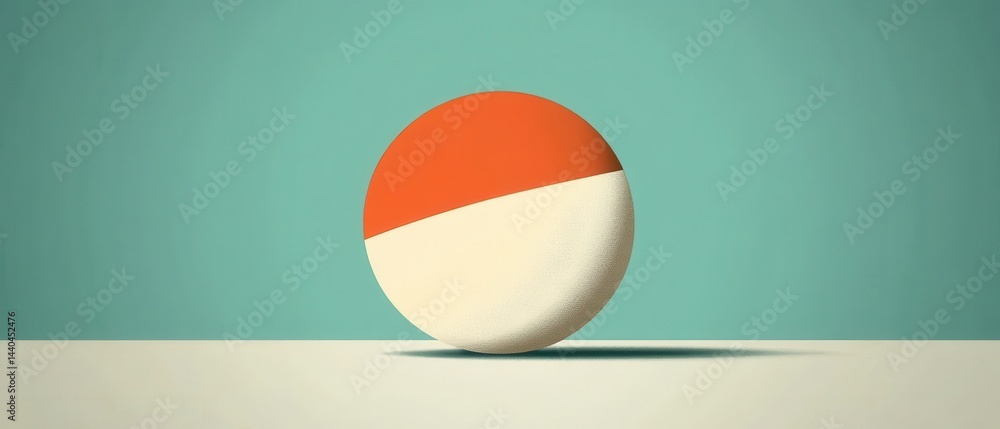Poster minimalist orange and white sphere on a light surface against a teal background, creating a clean an