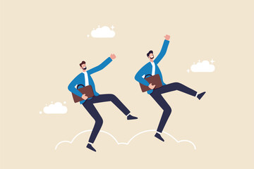 Happy success businessman partner with cheerful jumping metaphor of success in work or career, optimistic or positive thinking, celebrating goal achievement or freedom after work or Friday concept.