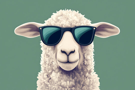 A cool sheep wearing sunglasses against a solid green background, exuding a playful vibe