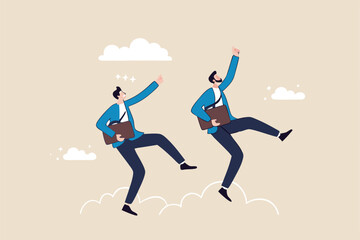 Happy success businessman partner with cheerful jumping metaphor of success in work or career, optimistic or positive thinking, celebrating goal achievement or freedom after work or Friday concept.