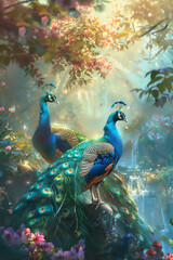 Fototapeta premium Sacred Peacock Couple in Eternal Spring – Blessings of Abundance and Renewal