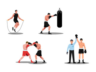 Illustration of boxing training and competition. Boxer skipping rope, punching bag, fighting in a match, and celebrating victory. Concept of sports, fitness, and martial arts.