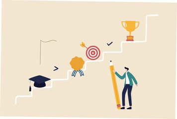 Career planning, step to develop plan and growth career opportunity, professional achievement or business success concept, businessman planning step to success in work and career on staircase.
