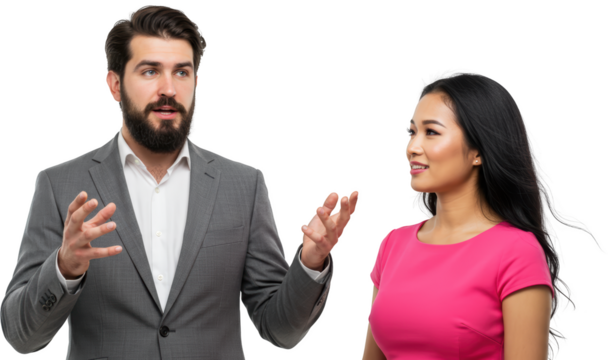 Engaging Discussion Bearded Man and Woman in Professional Attire