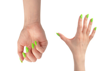 Hand of a woman with green naols hold some tiny or thin object.