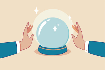 Business forecast, investment stock market prediction or super power to see future, fortune teller to see opportunity concept, businessman hand with magical power see forecasting on crystal magic ball