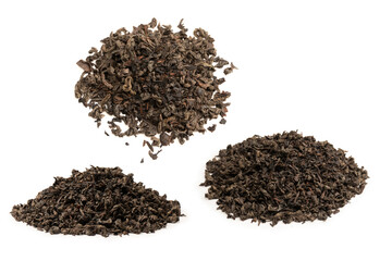 Dried tea leaves isolated on a white background.