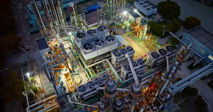 Aerial shot looking down onto the complex network of pipes and machinery of an illuminated industrial plant cooling system at night.