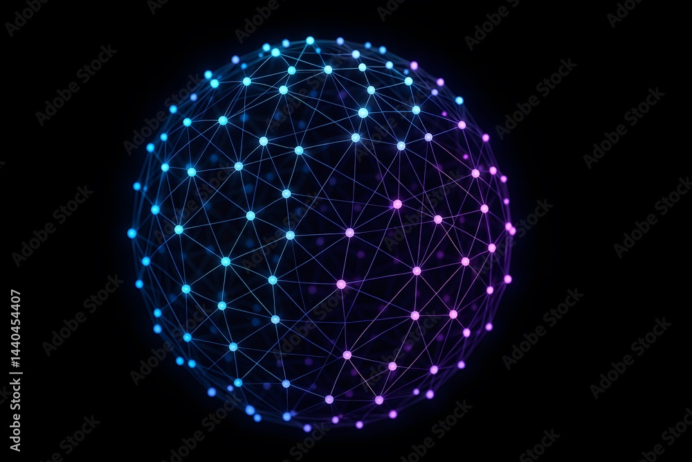 Poster futuristic illustration of interconnected glowing nodes forming digital sphere, innovative global te