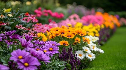 Obraz premium Lush and Vibrant Garden Blooming with Colorful Flowers in a Natural Outdoor Setting