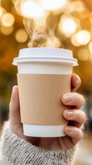 Hand holding steaming coffee cup in autumn background  