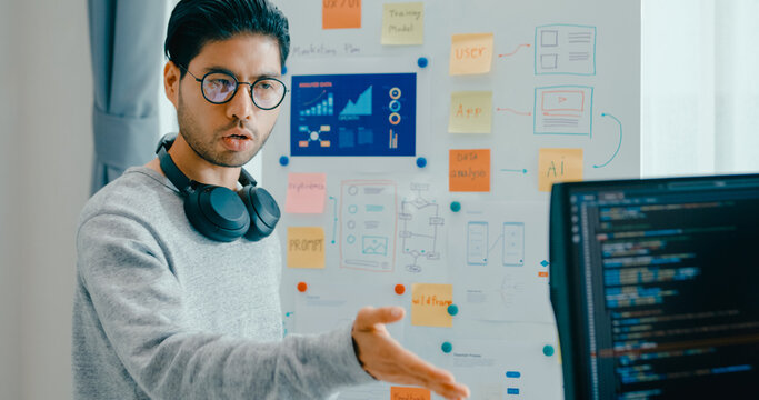 Fototapeta Group adult Asia male female software developers mentor leader manager talk strategy plan to executive write prompt AI bot IT app program nomad, video game, data center. Whiteboard slideshow code.