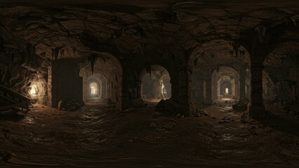 Obraz premium Arched stone corridor in dark dungeon passage