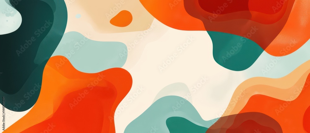 Poster abstract fluid shapes in orange, teal, and cream, creating a modern and organic background with a se