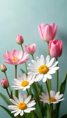 Obraz premium Delicate daisies and tulips in pastel colors for wallpaper, daisies, delicate, seamless