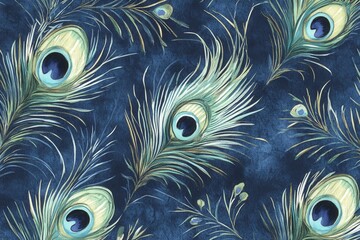 Beautiful peacock feather pattern on deep blue background showcasing intricate details and vibrant colors