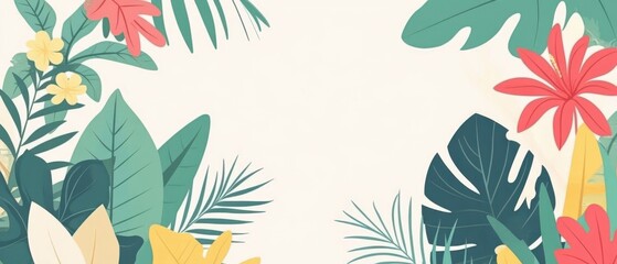 Tropical foliage frame with vibrant flowers and leaves, vector illustration for summer background, nature and botanical concept
