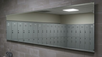 Mirrored image of gray lockers in a locker room