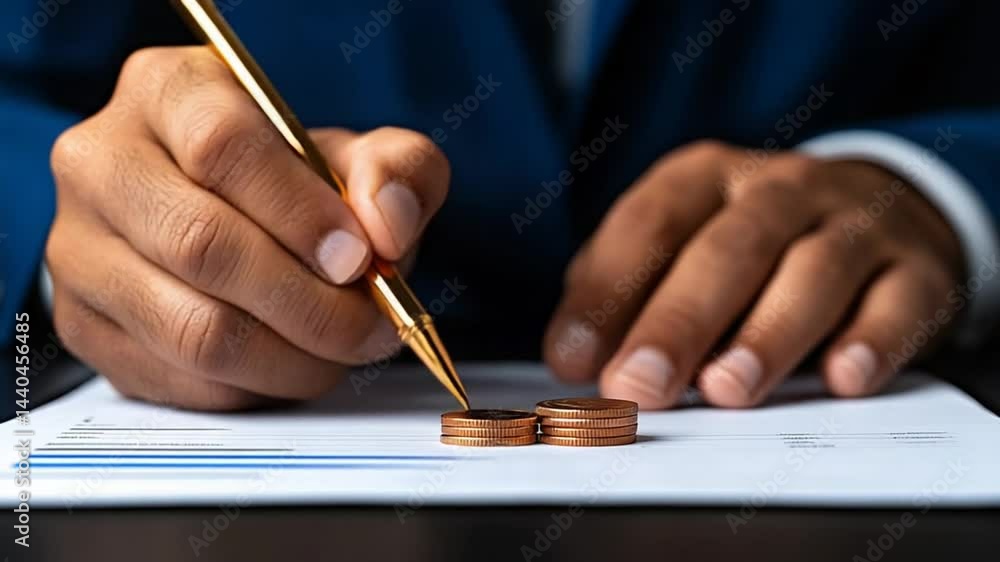 Aufkleber business professional analyzing financial data and calculating expenses with coins on table using a 