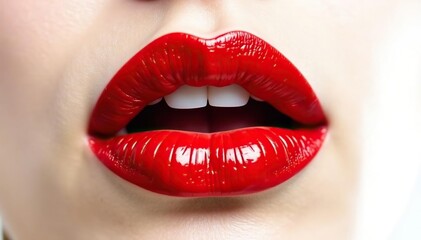 Close-up vibrant red lips, stark white backdrop, simple, matte, lipstick