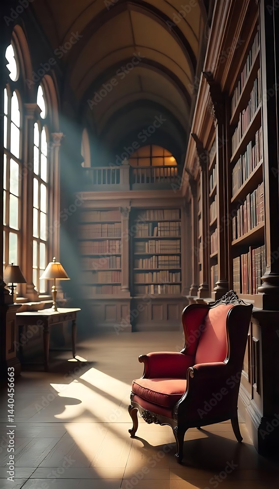 Poster generative ai: a stately library interior with arched windows and a comfortable reading chair