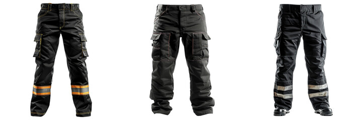Heavy-Duty Fireproof Work Trousers with Reflective Stripes and Reinforced Stitching Isolated on Transparent Background