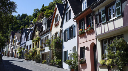 Naklejka premium Charming row of colorful homes with mixed material facades and lush greenery