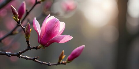 Fototapeta premium Delicate pink magnolia bud on leafless branches, early spring nature, floral beauty, floral, bud, early spring
