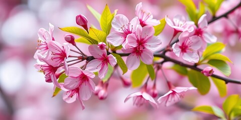 Fototapeta premium Delicate pink sakura blossoms on a branch, vibrant petals against soft green leaves, flower, plant