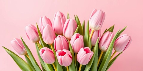 Naklejka premium Delicate pink tulips arranged in a spring bouquet against a soft pastel pink backdrop, floral backdrop, beautiful flowers