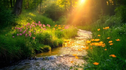 Sunlit Creek with Wildflowers - Realistic Landscape Photography