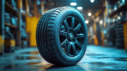 Black tire on dark floor in auto shop