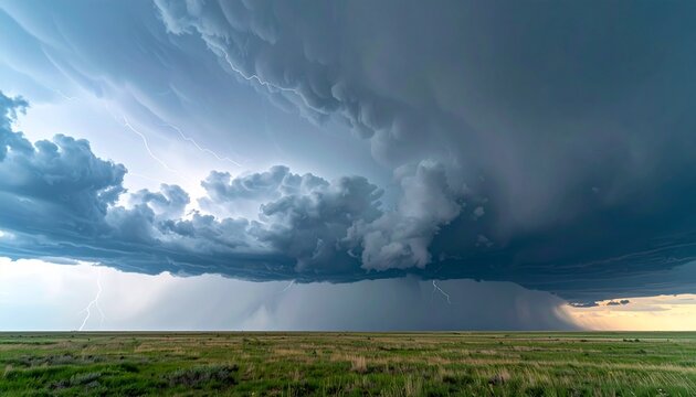 Dark stormy sky rolling over endless open plains, jagged lightning splitting the heavy clouds, distant rumble echoing across the horizon,